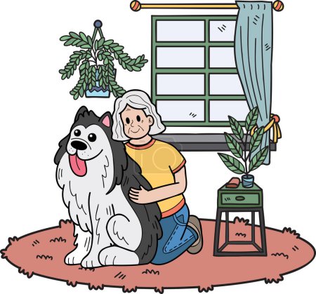 Illustration for Hand Drawn Elderly sitting with the dog illustration in doodle style isolated on background - Royalty Free Image