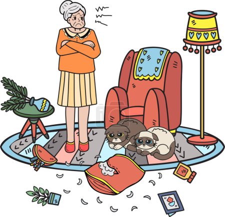 Téléchargez les illustrations : Elderly dessiné à la main a grondé l'illustration de chat dans le style doodle isolé sur le fond - en licence libre de droit