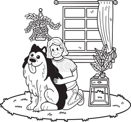 Ilustración de Anciano dibujado a mano sentado con la ilustración del perro en estilo garabato aislado en el fondo - Imagen libre de derechos