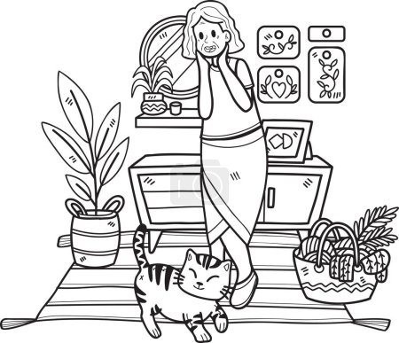 Téléchargez les illustrations : Jeu de personnes âgées dessiné à la main avec illustration de chat dans le style doodle isolé sur fond - en licence libre de droit