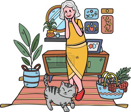 Ilustración de Anciano dibujado a mano juega con ilustración de gato en estilo doodle aislado en el fondo - Imagen libre de derechos