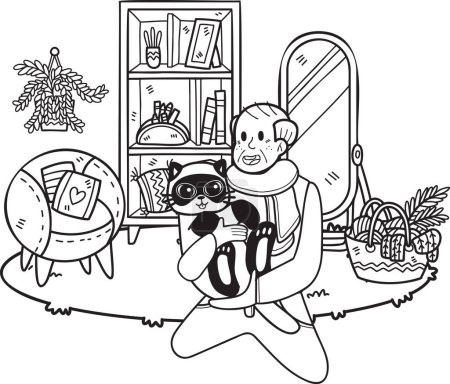 Téléchargez les illustrations : Hand Drawn Elderly holding a cat illustration in doodle style isolated on background - en licence libre de droit