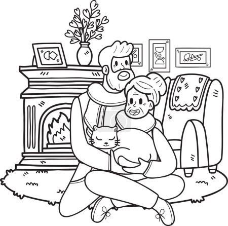 Illustration for Hand Drawn Elderly holding a cat illustration in doodle style isolated on background - Royalty Free Image