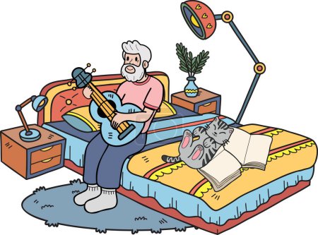 Téléchargez les illustrations : Elderly dessiné à la main jouant de la guitare avec illustration de chat dans le style doodle isolé sur fond - en licence libre de droit