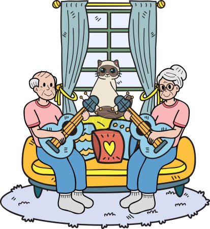 Téléchargez les illustrations : Elderly dessiné à la main jouant de la guitare avec illustration de chat dans le style doodle isolé sur fond - en licence libre de droit