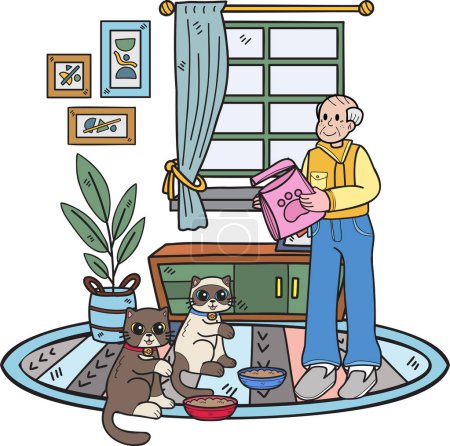Illustration for Hand Drawn Elderly feeding the cat illustration in doodle style isolated on background - Royalty Free Image
