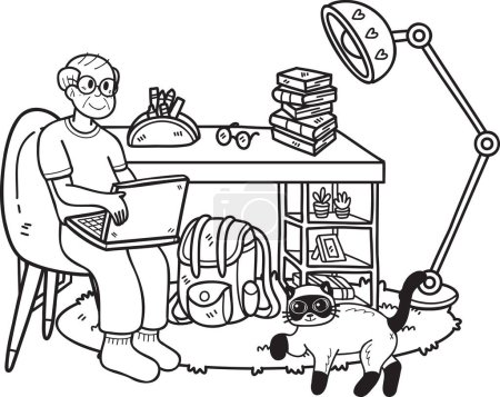 Illustration for Hand Drawn Elderly working in a room with cats illustration in doodle style isolated on background - Royalty Free Image