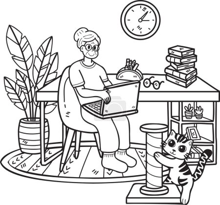 Téléchargez les illustrations : Aîné dessiné à la main travaillant dans une pièce avec des chats illustration dans le style doodle isolé sur fond - en licence libre de droit