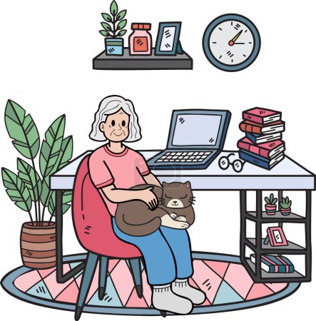 Illustration for Hand Drawn Elderly holding a cat illustration in doodle style isolated on background - Royalty Free Image