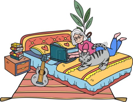 Ilustración de Hand Drawn Elderly working in a room with cats illustration in doodle style isolated on background - Imagen libre de derechos