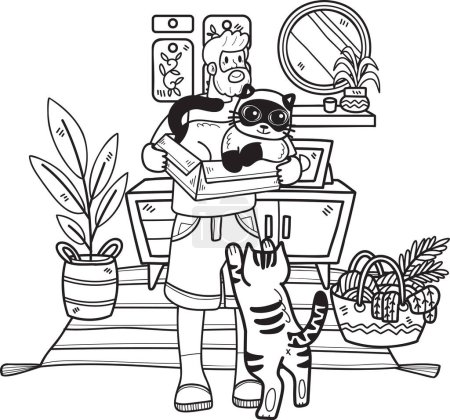 Ilustración de Hand Drawn Elderly holding a cat illustration in doodle style isolated on background - Imagen libre de derechos