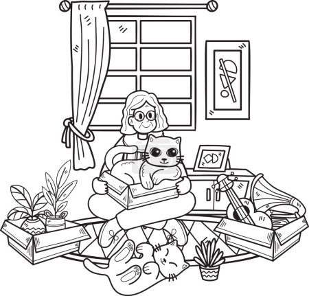 Ilustración de Anciano dibujado a mano sosteniendo una ilustración de gato en estilo garabato aislado en el fondo - Imagen libre de derechos