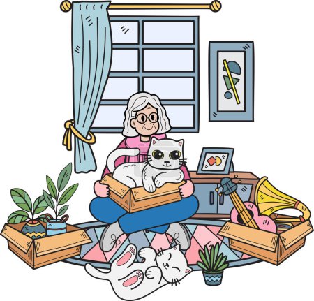 Ilustración de Anciano dibujado a mano sosteniendo una ilustración de gato en estilo garabato aislado en el fondo - Imagen libre de derechos