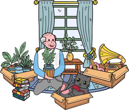 Illustration for Hand Drawn Elderly Clean the room with the cat illustration in doodle style isolated on background - Royalty Free Image