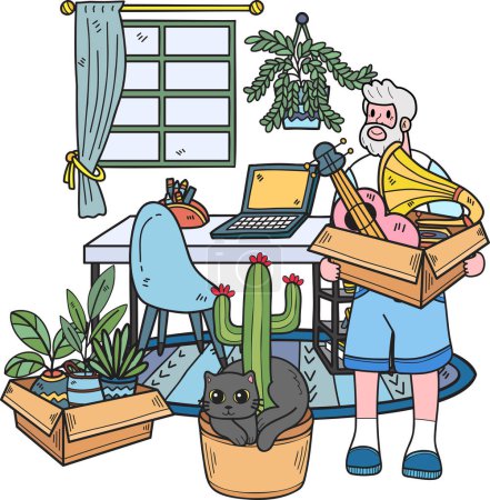 Ilustración de Anciano dibujado a mano Limpie la habitación con la ilustración del gato en estilo doodle aislado en el fondo - Imagen libre de derechos
