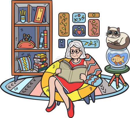 Téléchargez les illustrations : Elderly dessiné à la main lisant un livre avec une illustration de chat dans le style doodle isolé sur fond - en licence libre de droit