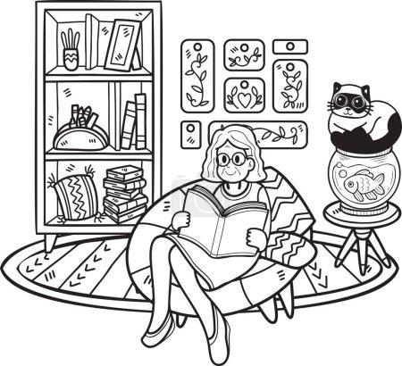 Illustration for Hand Drawn Elderly reading a book with a cat illustration in doodle style isolated on background - Royalty Free Image