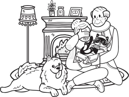Téléchargez les illustrations : Dessiné à la main Les personnes âgées jouent avec des chiens et des chats illustration dans le style doodle isolé sur fond - en licence libre de droit
