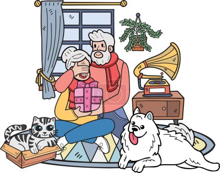 Ilustración de Hand Drawn Elderly with cats and dogs and gift illustration in doodle style isolated on background - Imagen libre de derechos