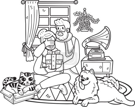 Ilustración de Anciano dibujado a mano con gatos y perros e ilustración de regalo en estilo doodle aislado sobre fondo - Imagen libre de derechos