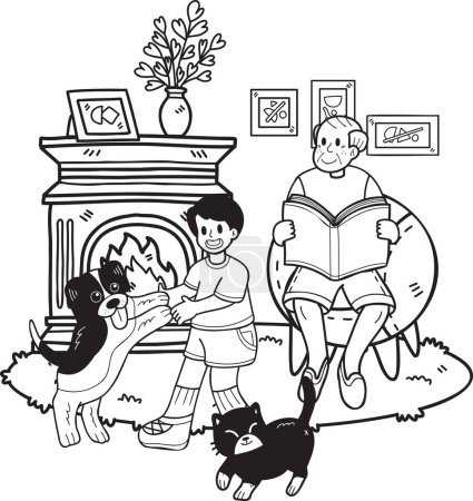 Téléchargez les illustrations : Hand Drawn Elderly reading books with dogs and cats illustration in doodle style isolated on background - en licence libre de droit