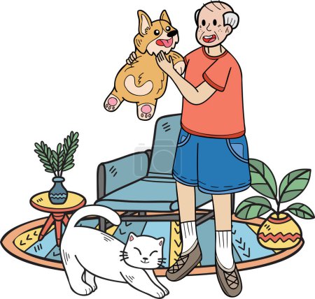 Ilustración de Hand Drawn Elderly play with dogs and cats illustration in doodle style isolated on background - Imagen libre de derechos