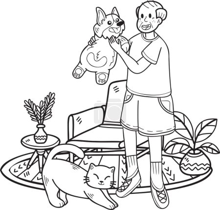 Illustration for Hand Drawn Elderly play with dogs and cats illustration in doodle style isolated on background - Royalty Free Image