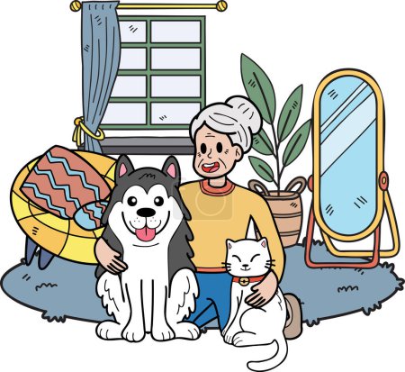 Ilustración de Hand Drawn Elderly hugging dogs and cats illustration in doodle style isolated on background - Imagen libre de derechos