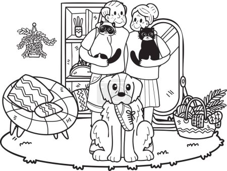Illustration for Hand Drawn Elderly play with dogs and cats illustration in doodle style isolated on background - Royalty Free Image