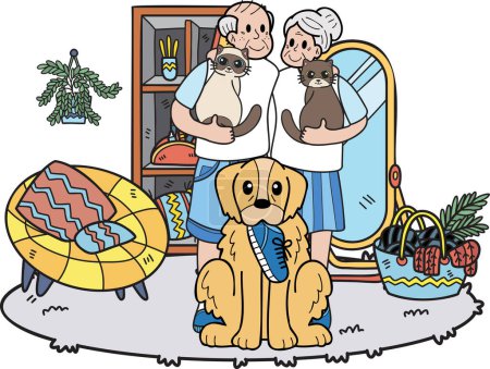 Ilustración de Anciano dibujado a mano juega con perros y gatos ilustración en estilo doodle aislado sobre fondo - Imagen libre de derechos