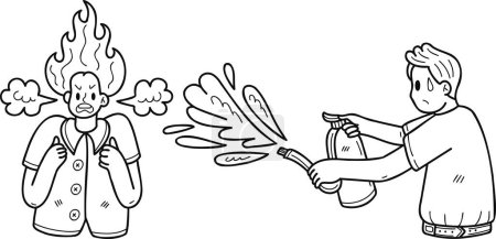 Téléchargez les illustrations : Femme d'affaires en colère avec un jeune homme aidant à éteindre l'illustration du feu dans le style doodle isolé sur fond - en licence libre de droit