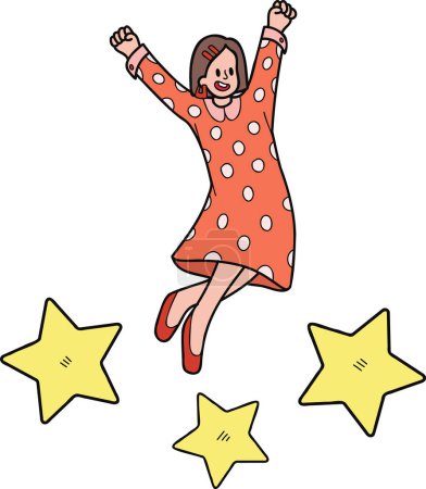 Ilustración de Empresaria saltando con estrellas ilustración en estilo doodle aislado sobre fondo - Imagen libre de derechos
