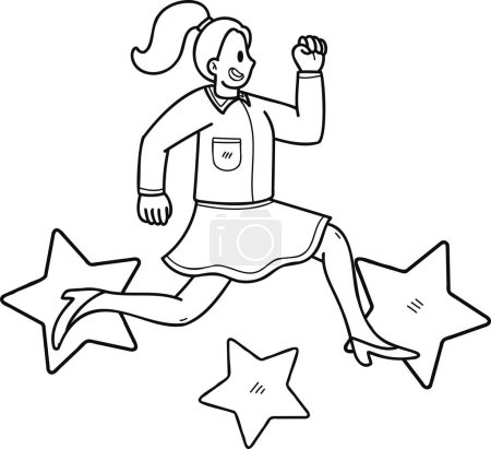 Ilustración de Empresaria saltando con estrellas ilustración en estilo doodle aislado sobre fondo - Imagen libre de derechos