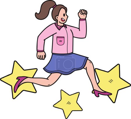Téléchargez les illustrations : Femme d'affaires sautant avec des étoiles illustration dans le style doodle isolé sur fond - en licence libre de droit
