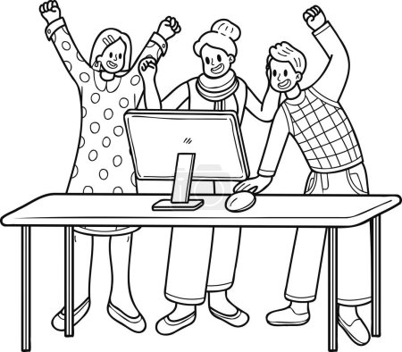 Ilustración de Equipo de mujeres de negocios regocijándose en el éxito ilustración en estilo doodle aislado en el fondo - Imagen libre de derechos