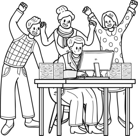 Ilustración de Equipo de mujeres de negocios regocijándose en el éxito ilustración en estilo doodle aislado en el fondo - Imagen libre de derechos
