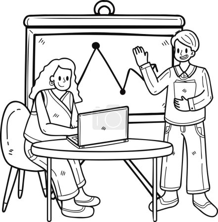 Ilustración de Equipo de negocios que presenta diapositivas e ilustración de portátiles en estilo doodle aislado sobre fondo - Imagen libre de derechos