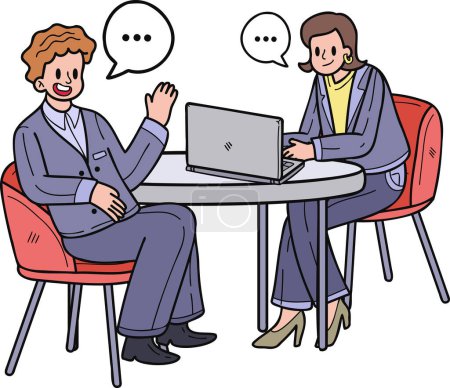 Illustration for Businesswoman sitting and discussing work on the desk illustration in doodle style isolated on background - Royalty Free Image