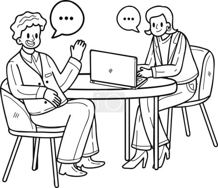 Ilustración de Mujer de negocios sentada y discutiendo el trabajo en el escritorio ilustración en estilo doodle aislado en el fondo - Imagen libre de derechos