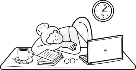 Ilustración de Mujer de negocios descansando sobre el escritorio ilustración en estilo garabato aislado en el fondo - Imagen libre de derechos