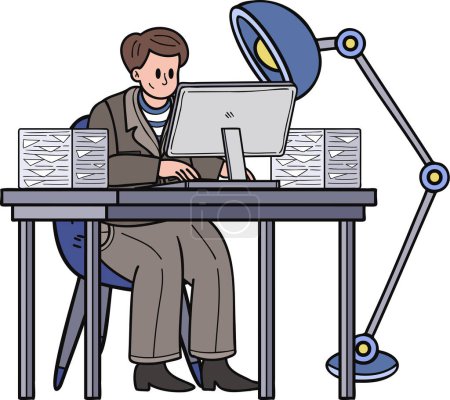Téléchargez les illustrations : Homme d'affaires assis et travaillant à l'illustration de l'ordinateur dans le style doodle isolé sur fond - en licence libre de droit