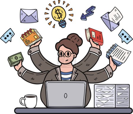 Ilustración de Mujer de negocios haciendo ilustración multitarea en estilo doodle aislado en el fondo - Imagen libre de derechos