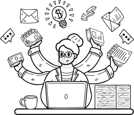 Téléchargez les illustrations : Femme d'affaires faisant illustration multitâche dans le style doodle isolé sur fond - en licence libre de droit