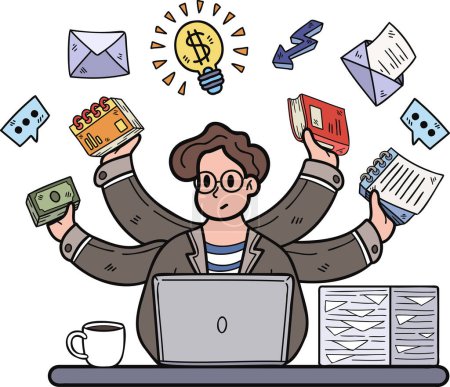 Illustration for Businessman doing multitasking illustration in doodle style isolated on background - Royalty Free Image