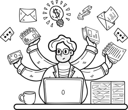 Illustration for Businessman doing multitasking illustration in doodle style isolated on background - Royalty Free Image