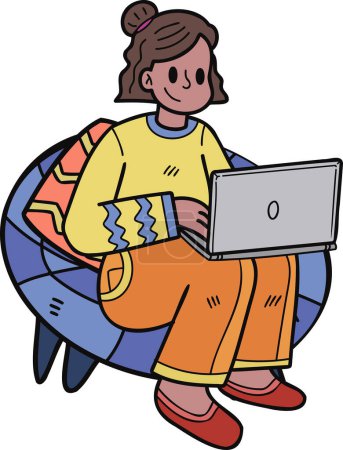 Téléchargez les illustrations : Adolescent femme d'affaires assis au travail avec illustration ordinateur portable dans le style doodle isolé sur fond - en licence libre de droit