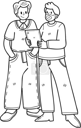 Téléchargez les illustrations : Équipe d'employés de bureau qui planifient l'illustration du travail dans un style doodle isolé sur fond - en licence libre de droit