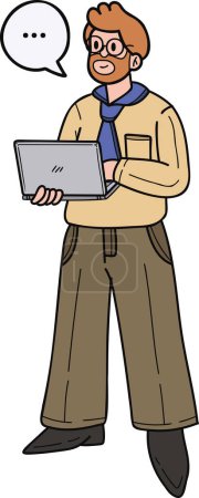 Téléchargez les illustrations : Homme d'affaires debout avec l'illustration de présentation d'ordinateur portable dans le style doodle isolé sur fond - en licence libre de droit