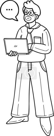 Téléchargez les illustrations : Homme d'affaires debout avec l'illustration de présentation d'ordinateur portable dans le style doodle isolé sur fond - en licence libre de droit