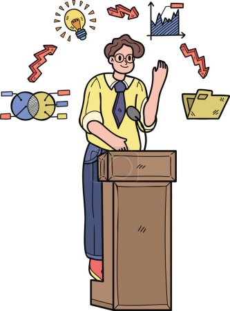 Illustration for Businessman presenting on the podium with confidence illustration in doodle style isolated on background - Royalty Free Image